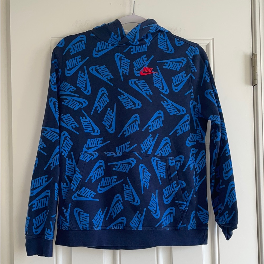 Nike Boys Blue and Red Logo Hoodie Sz L